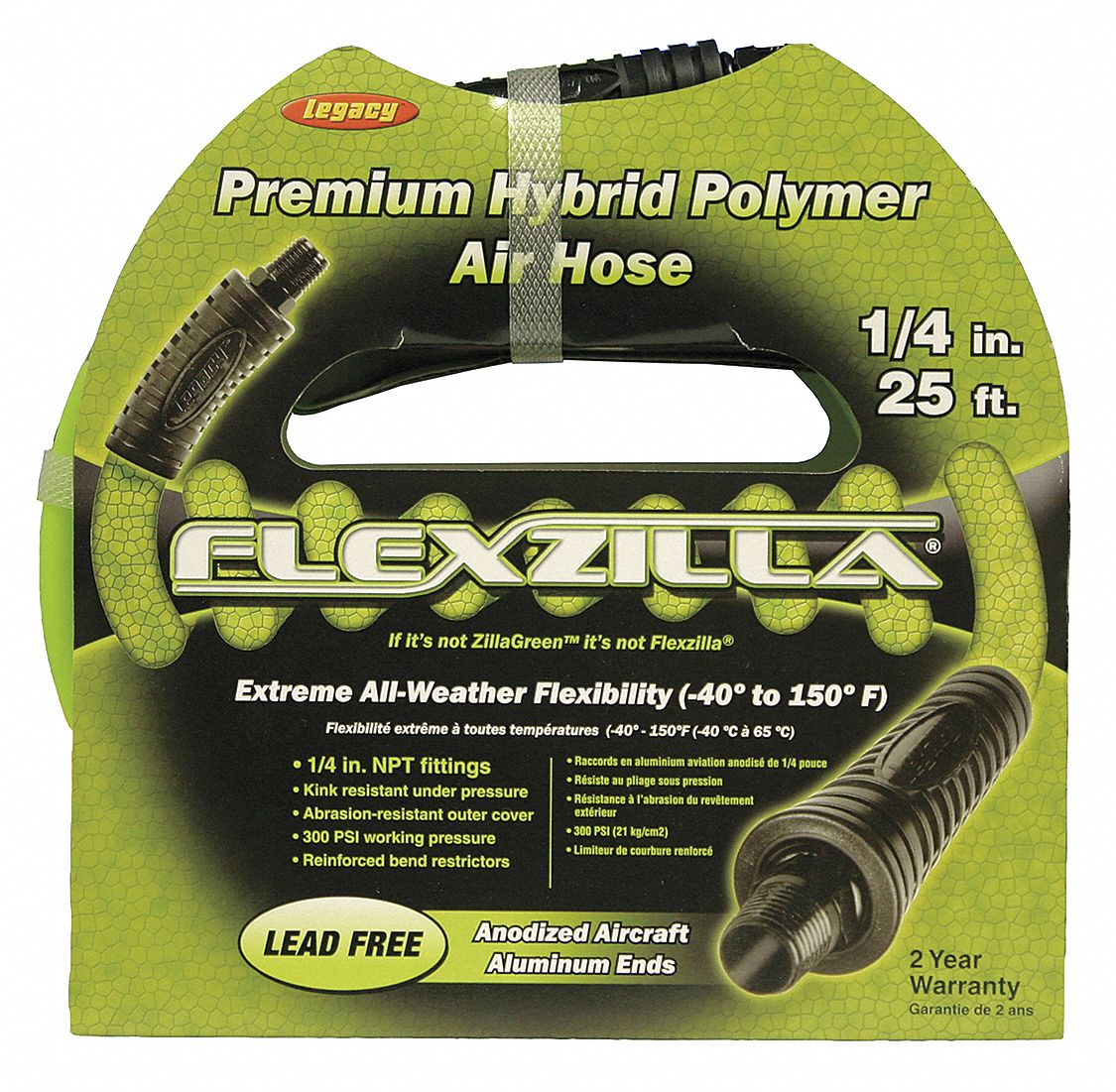 Air Hose, 1/4 ID, 25 Ft, 1/4 MNPT, Yellow