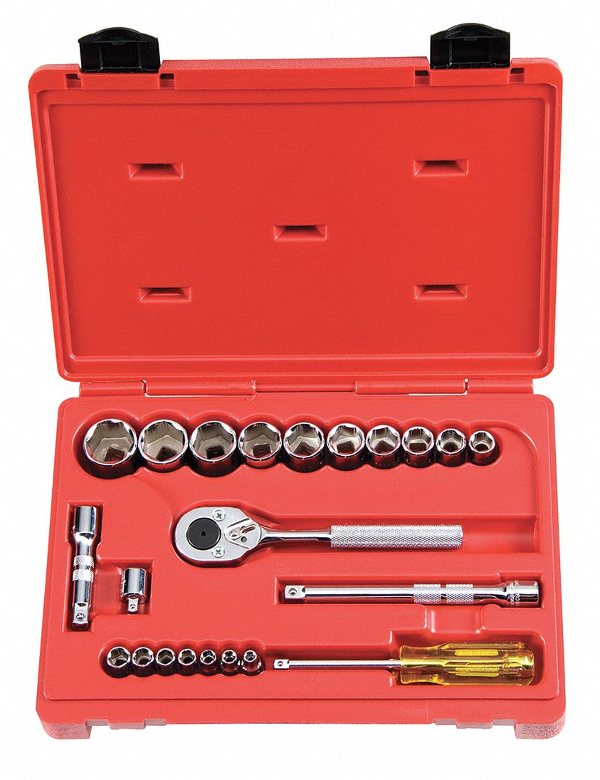 Socket Set, Std, SAE, 1/4, 3/8Dr, 22 Pc